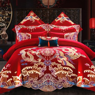 全棉新婚庆(新婚庆)四件套，大红色长绒棉龙凤刺绣，结婚高端家纺床上用品中式