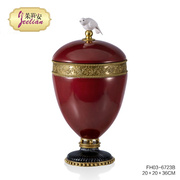 茱莉安法式复古铜，加陶瓷深红色盖盒摆件，别墅客厅桌面装饰储物罐