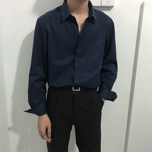 韩版修身藏蓝色长袖商务衬衫男休闲大码纯色打底复古风衬衣
