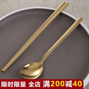 金色韩国筷子304不锈钢，家用方形防滑韩式餐厅餐具加厚实心扁筷子