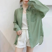 宽松绿色雪纺衬衫女薄外套，夏2021港风心机，设计感小众防晒上衣