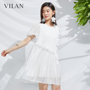 vilan慧兰商场款连衣裙女气质夏季宽松纯色，衬衫直筒裙