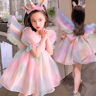 韩国高端女童连衣裙夏季洋气超仙蓬蓬纱裙儿童彩虹公主裙礼服