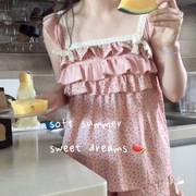 草莓西瓜酪酪少女粉色系，~荷叶边家居服套装，可爱夏季短裤睡衣