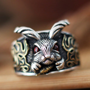 兔子纯银戒指男女同款开口指环，小动物生肖属兔银饰复古民族风