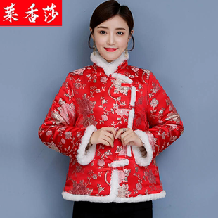 过年衣服红色唐装小棉袄冬季中国风复古盘扣棉服夹棉毛领旗袍外套