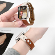 适用applewatch双钉扣细表带女苹果手表S8/9表带撞色真皮iwatch 7/6/5/4/3/2/SE代牛皮简约个性潮小蛮腰腕带