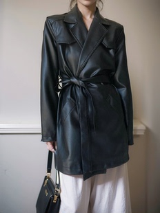 黑色皮衣外套女2024春秋，复古韩版高级廓形时尚中长款皮质西装