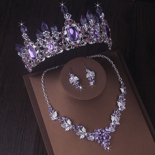 高端大气新娘套链女王，紫色水晶柱水钻婚纱，项链耳环三件套饰品