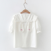 日系学院风可爱兔耳朵花边，拼短袖棉质，白衬衫少女春夏甜美上衣