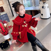 女童重工刺绣呢大衣2023冬季韩版儿童，夹棉加厚大红甜美拜年服