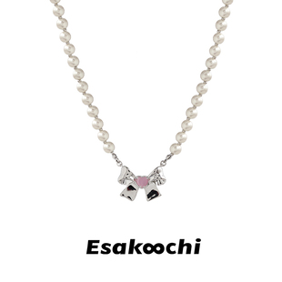 Esakoochi原创设计蝴蝶结爱心仿猫眼石项链仿珍珠锁骨链