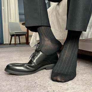正装袜子男商务绅士条纹黑袜纯棉防臭防脚气性感夏季中长筒西装袜