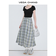 vegachang格子半身裙，女2024年夏季高腰，显瘦慵懒拼色半身长裙