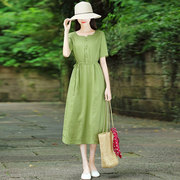 高端绿色棉麻连衣裙女2023年夏季小个子收腰显瘦薄款亚麻裙子
