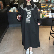 2023秋季韩国东大门条纹袖宽松大码蝙蝠袖长款套头卫衣裙连衣裙女