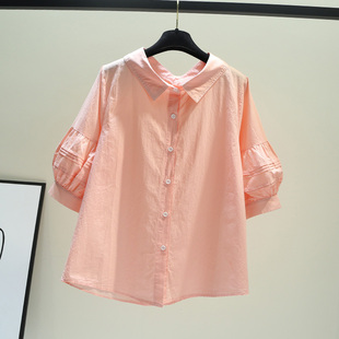 浅粉色泡泡短袖衬衫一字领褶皱设计棉布衬衣女夏季韩范小清新上衣