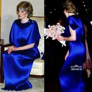 高级定制戴安娜王妃同款宝蓝色真丝圆领礼服裙高腰短袖时尚长裙新