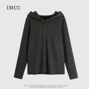 imcc设计感小众深灰色，绵羊绒连帽长袖，t恤女冬宽松显瘦打底衫上衣