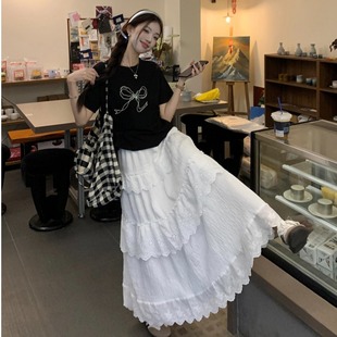 丸子少女微胖女装夏季黑色蝴蝶结短袖T恤+白色蛋糕半身裙套装