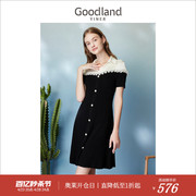 Goodland美地女装夏季假两件黑白拼接珍珠荷叶边 连衣裙