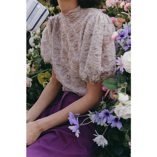 rosebanks重工金丝织造蕾丝网，纱流苏静谧温柔浅紫泡泡袖上衣