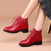 红色短靴女加绒真牛皮2023秋冬季靴子低跟单靴女士平底马丁靴