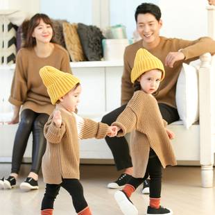 韩国一家三口四口亲子装，冬加厚毛衣中长款洋气，全家装卫衣母子母女