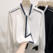2022韩国气质显瘦纯色，v领系带刺绣套头长袖，雪纺衫女秋季衬衫