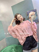 衬衫511欧洲站初夏女装，粉色很宽松褶皱，长袖上衣防晒小衫