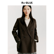 Re-BLUE轻奢优雅女装日常通勤休闲双排扣绵羊毛混纺中长大衣外套
