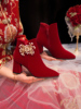 2023年婚鞋女冬季加绒红色新娘鞋秀禾婚纱两穿高跟鞋短靴敬酒