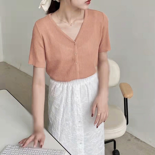 奶油橘色v领针织空调开衫女夏新薄短袖，修身显瘦粉色软冰丝t恤上衣