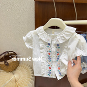 女宝宝夏装短袖衬衫重工刺绣纯棉娃娃衫中小童洋气白色泡泡袖衬衣