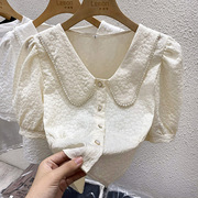 2023娃娃领钉珠短袖女夏季设计感小众小香风修身短款半袖T恤上衣