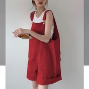 红色大码棉质工装背带短裤，女小个子夏季款宽松高腰，显瘦阔腿裤