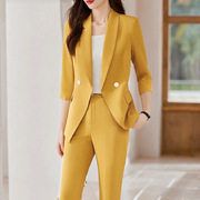 黄色西装外套女夏季2023小个子七分袖薄款职业装休闲西服套装