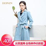 HONRN/红人休闲蓝色麂皮西装领系带收腰风衣外套中长款女春秋款