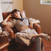 celford春夏日系甜美纯色，格纹透视雪纺泡泡袖，衬衫上衣cwfb212014