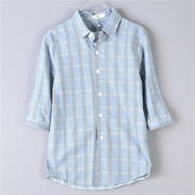 韩版男女生格子衬衫1014L76350尖领单排扣修身款春夏秋七分袖上衣