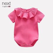 英国NEXT童装婴儿连体衣夏男女宝宝花边领糖果色坑条短袖三角哈衣