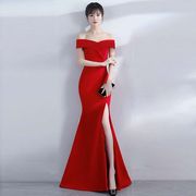 红色敬酒服女2020结婚礼服，正式场合高贵优雅长款一字肩鱼尾连衣裙