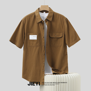 jieyi工装时尚贴标双口袋衬衫，男士复古纯棉，美式痞帅短袖寸衣外套