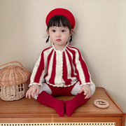 韩国婴儿春秋冬装棉毛衫宝宝圣诞毛衣外套开衫短裤套装新年拜年服