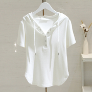 韩国白色连帽t恤女夏季修身显瘦小个子纯棉休闲V领短袖卫衣潮