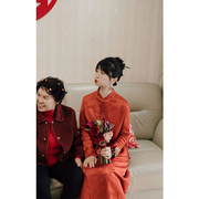 新中式晨袍红色旗袍敬酒服新娘结婚便装女春夏，回门订婚礼服连衣裙