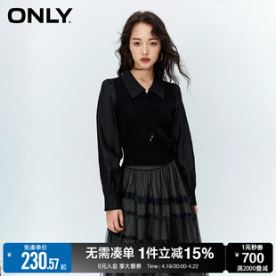 ONLY早春时尚气质甜美质感翻领拼接雪纺衫女123351006