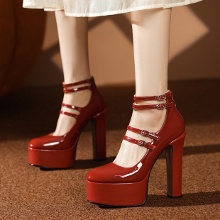 红色超高跟婚鞋性感14cm舞台，恨天高防水(高防水)台一字扣带玛丽珍浅口单鞋