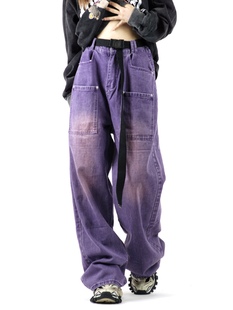 Amoeba 美式复古紫色牛仔裤水洗做旧宽松直筒阔腿堆积感大码长裤