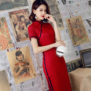 中国风改良旗袍蕾丝连衣长裙修身复古气质时尚妈妈女装走秀